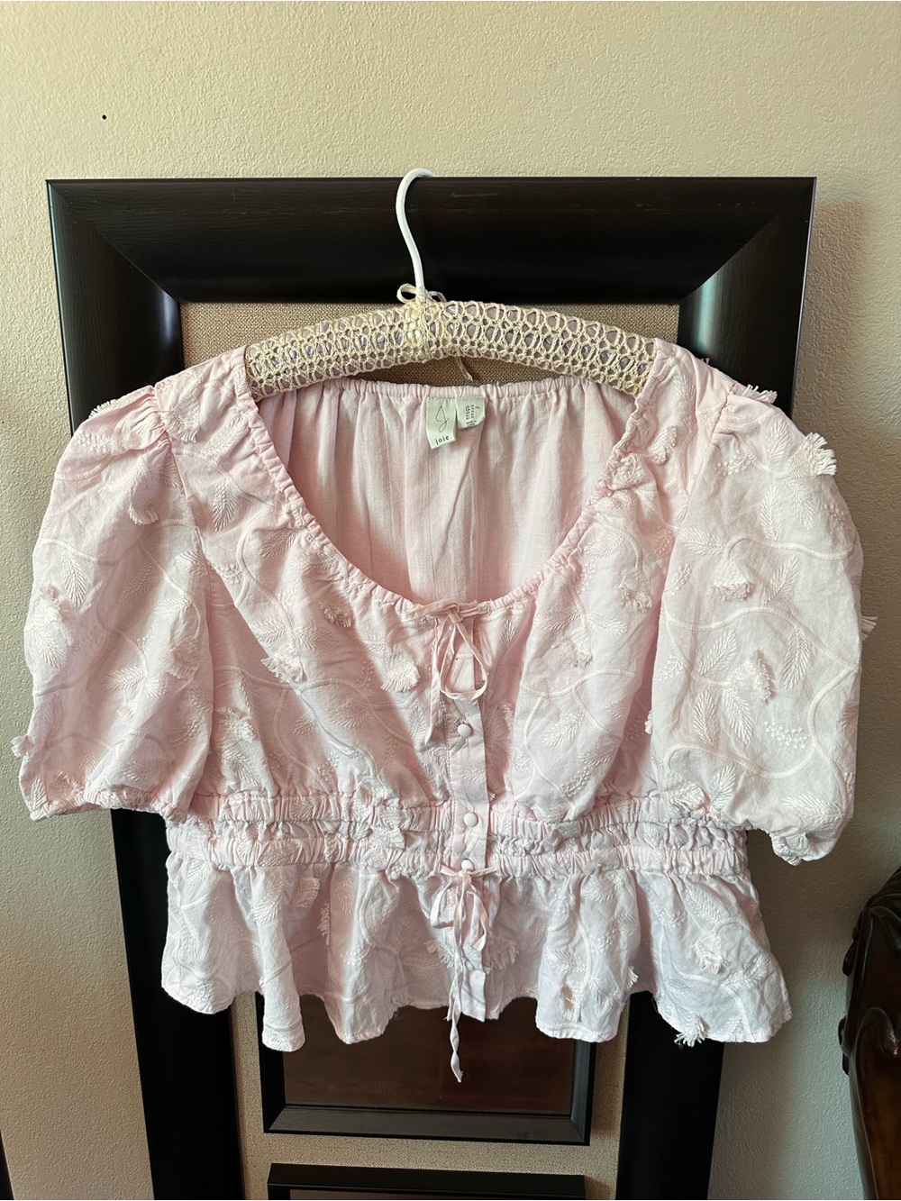Joie Blush Pink Puff-Sleeve Peplum Tie-Front Blouse